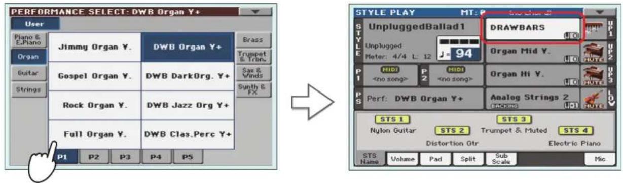 KORG Pa3XLe - Appuyez sur le bouton ORGAN de la section PERFORMANCE pour afficher la fenêtre "Performance Select" puis selectionnez "DWB Organ Y+". - 2