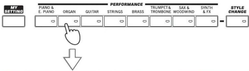 KORG Pa3XLe - Appuyez sur le bouton ORGAN de la section PERFORMANCE pour afficher la fenêtre "Performance Select" puis selectionnez "DWB Organ Y+". - 1