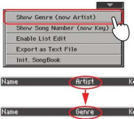 KORG Pa3XLe - Touchez de nouveau l'icone de menu de page pour afficher le menu et seLECTIONnez "Show Genre (now Artist)". La colonne "Genre" réapparait. - 1