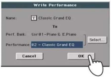 KORG Pa3XLe - Quand vous avez changé le nom de la Performance et choisi la mémoire de destination, touchez [OK] pour sauvegarder la Performance (ou [Cancel] pour annuler l'opération). - 1