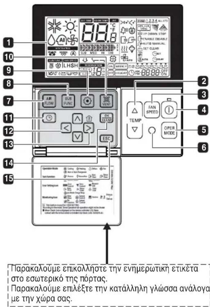 1 2 3 4 5 6 7 8 9 10 11 12 13 14 15 SET TEMP DOOM TEMP SET ZONE 1.2.3.4 ALL STD UP DOWN STOP PENABLE DISABLE AUTO MANUAL SET CLEAR SET OFF ON SLO MED HI SHI LHSH ON WEEKLY OFF HOLIDAY TEMP FAN SPEED OPER MODE AIR FLOW SUB FUNC VENT OK CLEAR ESC Operation Mode Cooling Printing Air at Auto Discharge Soft Function Power Temperature Control User Setting from: New: 100% New: 100% New: 100% New: 100% New: 100% New: 100% New: 100% New: 100% New: 100% New: 100% New: 100% New: 100% New: 100% New: 100% New: 100% New: New: 100% New: 100% New: 100% New: 100% New: 100% New: 100% New: 100% New: 100% New: 100% New: 100% New: 100% New: 100% New: 100% New: 100% Napakaloúme επικολλήστε την ενημερωτική ετικέτα στο εσωτερικό της πόρτας. Napakaloúme επιλέξτε την κατάλληλη γλώσσα ανάλογα με την χώρα σας.
