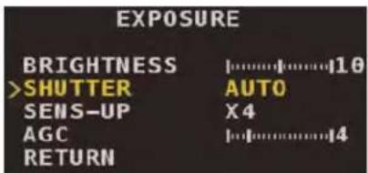 EXPOSURE BRIGHTNESS |10 >SHUTTER AUTO SENS-UP X4 AGC |4 RETURN