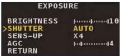 EXPOSURE BRIGHTNESS |10 >SHUTTER AUTO SENS-UP X4 AGC |4 RETURN