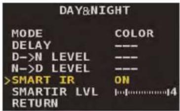 DAY&NIGHT MODE COLOR DELAY ---- D->N_LEVEL ---- N->D_LEVEL ---- >SMART_IR ON SMARTIR_LVL 14 RETURN