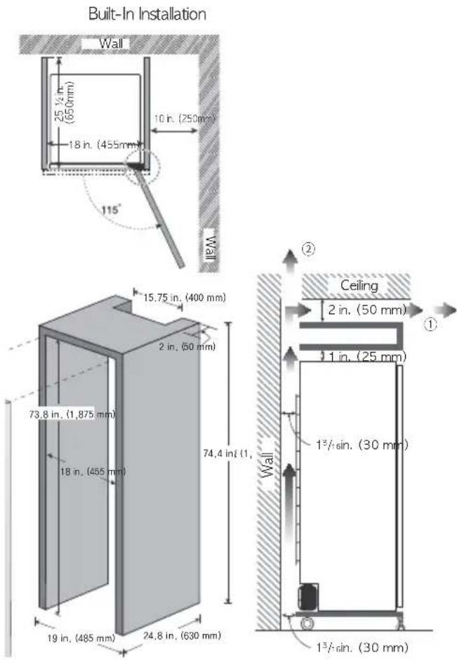 Built-In Installation Wall 25 ½ in. (650 mm) 18 in. (455 mm) 10 in. (250 mm) 115° WAL Ceiling 2 in. (50 mm) ① 1 in. (25 mm) 13/4 sin. (30 mm) 19 in. (485 mm) 24.8 in. (630 mm) 73.8 in. (1,875 mm) 18 in. (455 mm) 74.4 in{1} Wall ② 13/4 sin. (30 mm)