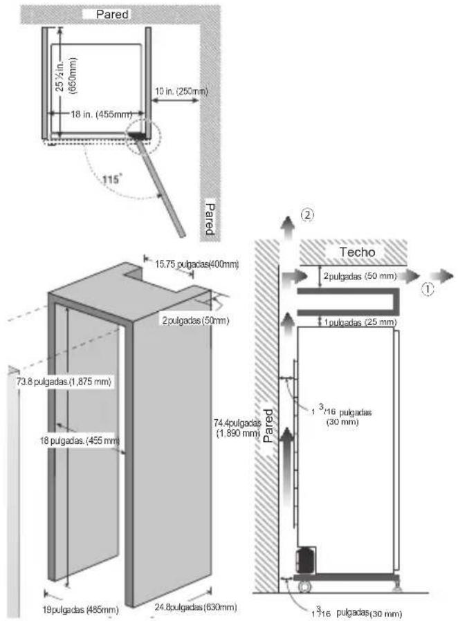 Pared 25½in. (650mm) 18 in. (455mm) 10 in. (250mm) 115° Pared 15,75 pulgadas(400mm) 2 pulgadas(50mm) 73.8 pulgadas.(1,875 mm) 18 pulgadas.(455 mm) 74.4 pulgadas (1,890 mm) 19 pulgadas (485mm) 24.8 pulgadas(630mm) Pared ② Techo 2 pulgadas (50 mm) ① 1 pulgadas (25 mm) 1 3/16 pulgadas (30 mm) 1 3/16 pulgadas(30 mm)