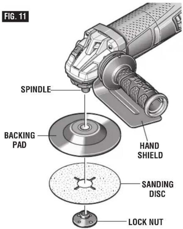 BOSCH GWS1360PD - To install backing pad and sanding disc (Fig. 11): - 1