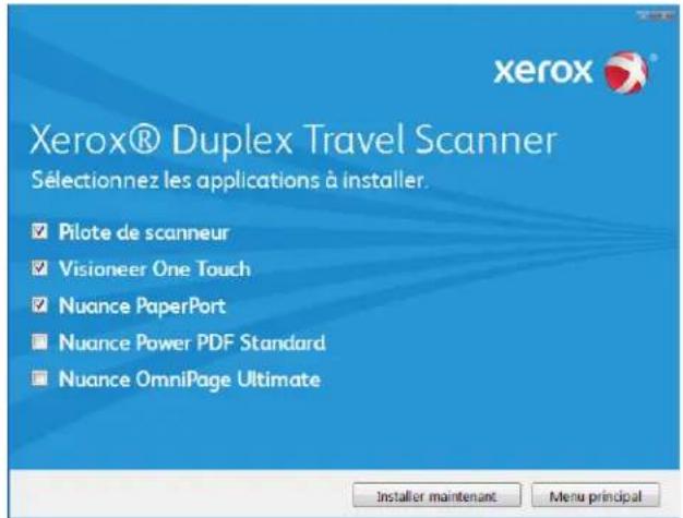 Xerox® Duplex Travel Scanner Sélectionnez les applications à installer. ✓ Pilote de scanneur ✓ Visioneer One Touch ✓ Nuance PaperPort ■ Nuance Power PDF Standard ■ Nuance OmniPage Ultimate Installer maintenant Menu principal