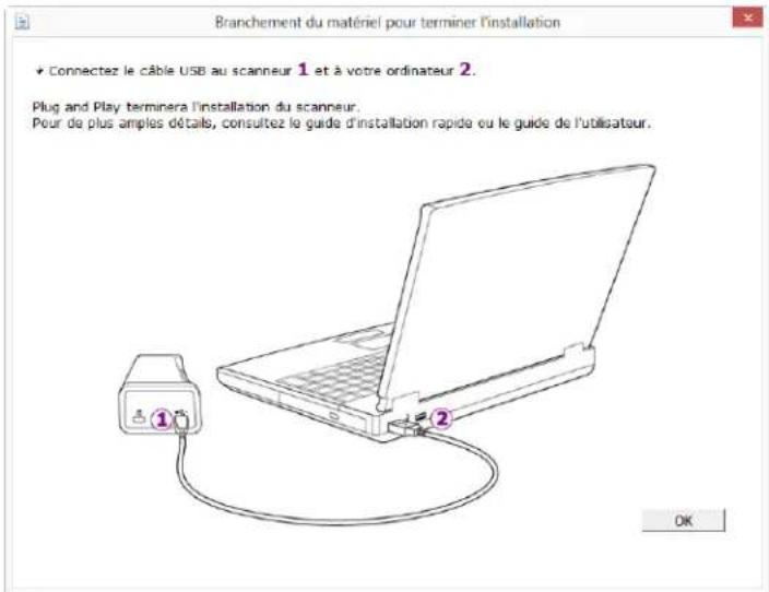 Branchement du matériel pour terminer l'installation + Connectez le câble USB au scanneer 1 et à votre ordinateur 2. Plug and Play terminera l'installation du scanneer. Pour de plus amples détaïs, consultez le guide d'installation rapide ou le guide de l'utilisateur. OK