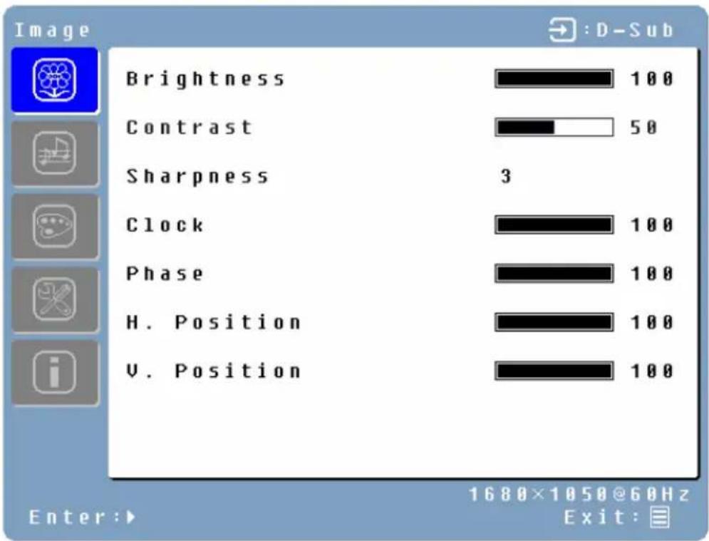 Image Brightness 100 Contrast 50 Sharpness 3 Clock 100 Phase 100 H. Position 100 V. Position 100 Enter: 1688×1050@60Hz Exit: D-Sub