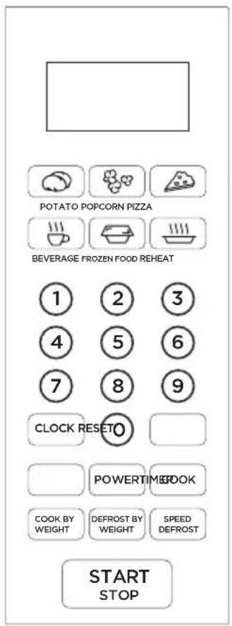POTATO POPCORN PIZZA BEVERAGE FROZEN FOOD REHEAT 1 2 3 4 5 6 7 8 9 CLOCK RESET POWERTIMEFOOK COOK BY WEIGHT DEFROST BY WEIGHT SPEED DEFROST START STOP