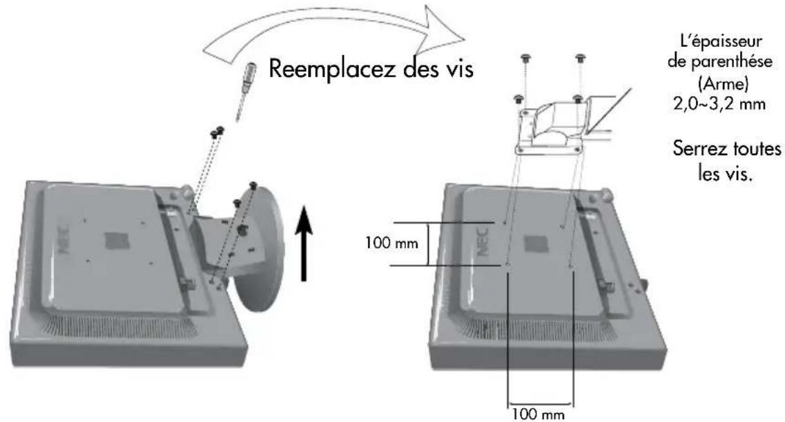 Reemplacez des vis L'épaisseur de parenthèse (Arme) 2,0~3,2 mm Serrez toutes les vis. 100 mm 100 mm