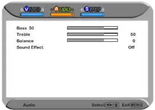 V/OSD AUDIO SETUP Bass 50 Treble Balance Sound Effect 50 0 Off Audio Select Exit MENU