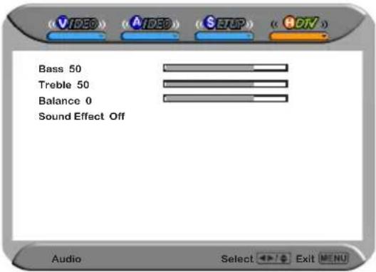 Bass 50 Treble 50 Balance 0 Sound Effect Off Audio Select Exit MENU