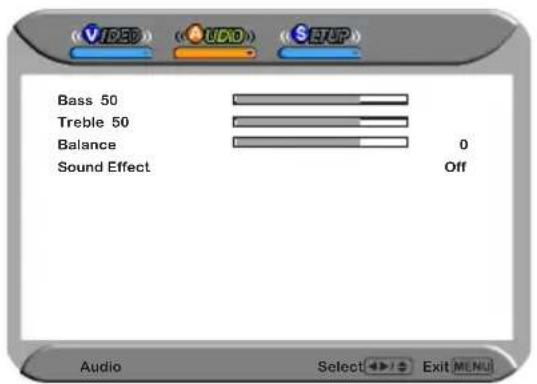 V125D AUDIO S76P Bass 50 Treble 50 Balance Sound Effect 0 Off Audio Select Exit MENU