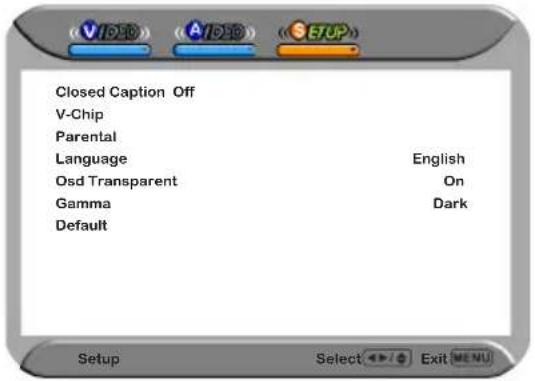Closed Caption Off V-Chip Parental Language English Osd Transparent On Gamma Dark Default Setup Select Exit(MENU)
