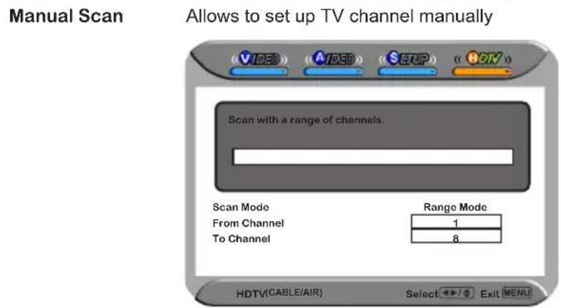 Manual Scan Allows to set up TV channel manually Scan with a range of channels. Scan Mode From Channel To Channel Range Mode 1 8 HDTV(CABLE/AIR) Select: Exit MENU
