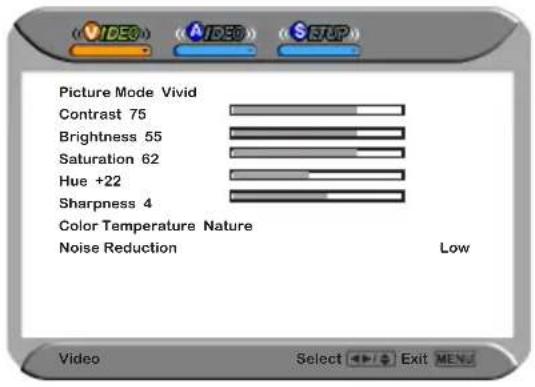 Picture Mode Vivid Contrast 75 Brightness 55 Saturation 62 Hue +22 Sharpness 4 Color Temperature Nature Noise Reduction Low Video Select Exit MENU