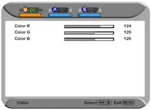 Video A1250 S35P Color R 124 Color G 120 Color B 120 Video Select Exit MENU