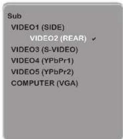 Sub VIDEO1 (SIDE) VIDEO2 (REAR) VIDEO3 (S-VIDEO) VIDEO4 (YPbPr1) VIDEO5 (YPbPr2) COMPUTER (VGA)