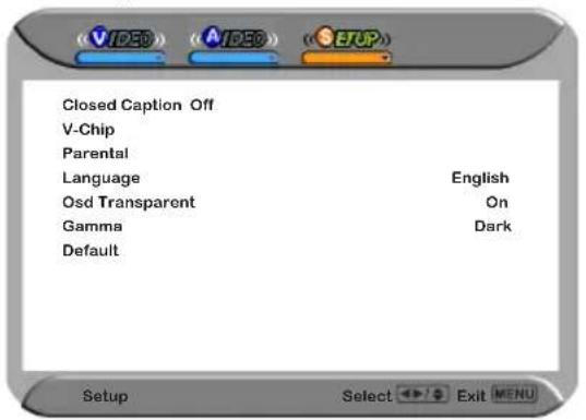 Closed Caption Off V-Chip Parental Language English Osd Transparent On Gamma Dark Default Setup Select Exit MENU