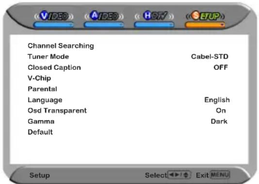 Channel Searching Tuner Mode Cabel-STD Closed Caption OFF V-Chip Parental Language English Osd Transparent On Gamma Dark Default Setup Select Exit MENU