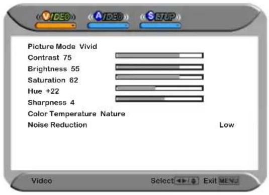 Picture Mode Vivid Contrast 75 Brightness 55 Saturation 62 Hue +22 Sharpness 4 Color Temperature Nature Noise Reduction Low Video Select Exit MENU