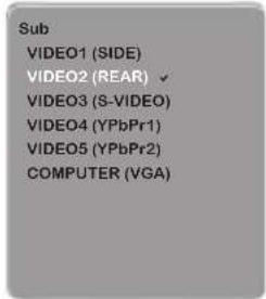Sub VIDEO1 (SIDE) VIDEO2 (REAR) ✓ VIDEO3 (S-VIDEO) VIDEO4 (YPbPr1) VIDEO5 (YPbPr2) COMPUTER (VGA)