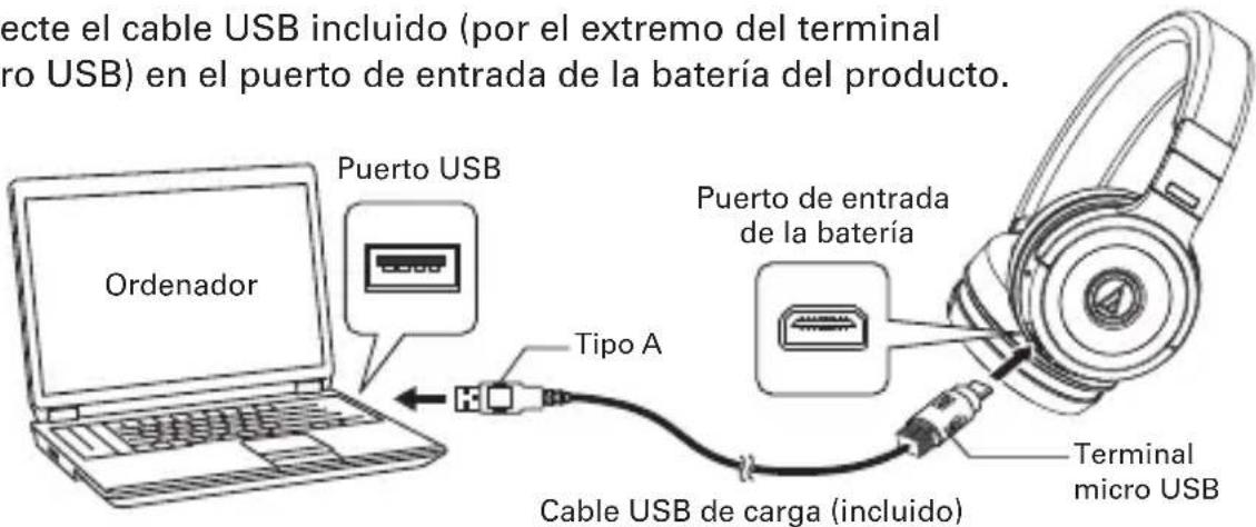 ecte el cable USB incluido (por el extremo del terminal ro USB) en el puerto de entrada de la batería del producto. Puerto USB Ordenador Tipo A Puerto de entrada de la batería Cable USB de carga (incluido) Terminal micro USB