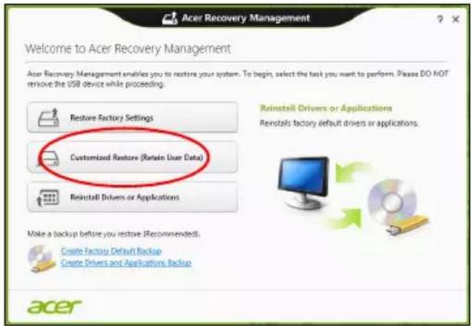 ACER Aspire Z3605 - Klikk på Tilpasset gjenoppretting (behold brukerdata). - 1