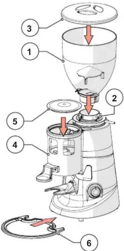 Technical diagram of a coffee maker with numbered parts and directional arrows indicating assembly steps