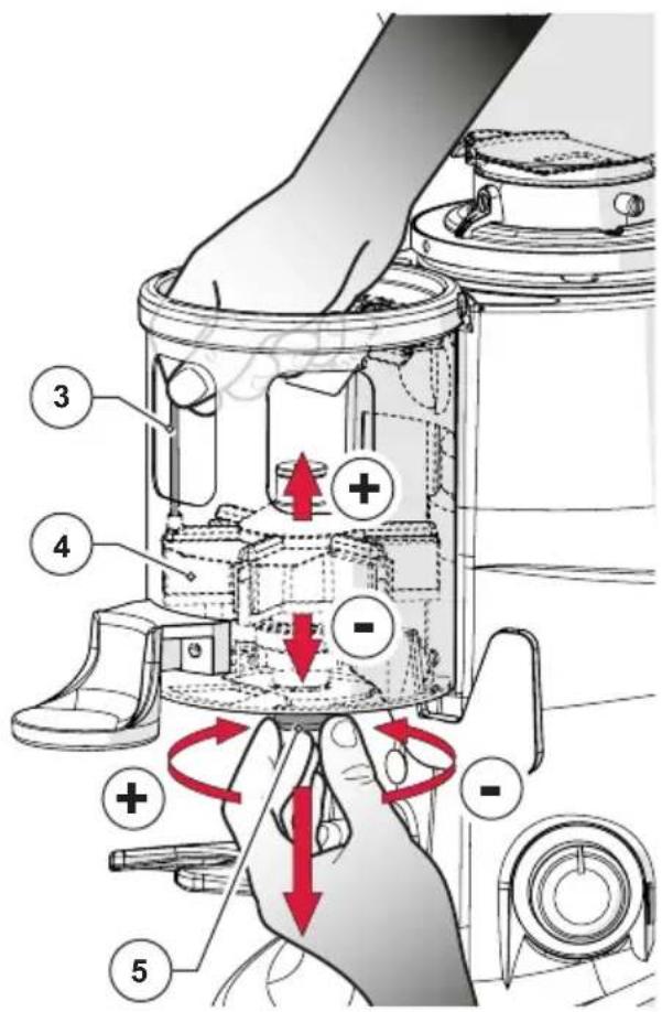 Technical diagram of a mechanical device with numbered components and red directional arrows indicating motion or force directions.