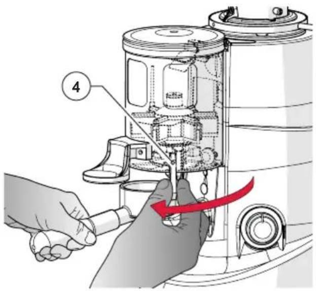 Diagram showing a hand operating a mechanical device with labeled parts and a red arrow indicating motion direction.