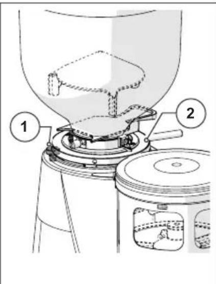 Technical diagram of a mechanical device with labeled components, showing internal structure and parts numbered 1 and 2.