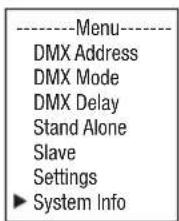 ----Menu---- DMX Address DMX Mode DMX Delay Stand Alone Slave Settings ►System Info