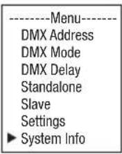 ----Menu---- DMX Address DMX Mode DMX Delay Standalone Slave Settings ►System Info