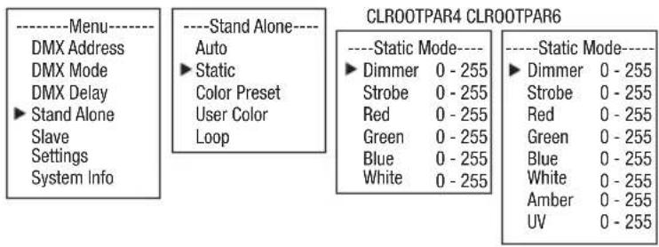 ----Menu---- DMX Address DMX Mode DMX Delay ► Stand Alone Slave Settings System Info ----Stand Alone---- Auto ► Static Color Preset User Color Loop CLROOTPAR4 CLROOTPAR6 ----Static Mode---- ► Dimmer 0 - 255 Strobe 0 - 255 Red 0 - 255 Green 0 - 255 Blue 0 - 255 White 0 - 255 ----Static Mode---- ► Dimmer 0 - 255 Strobe 0 - 255 Red 0 - 255 Green 0 - 255 Blue 0 - 255 White 0 - 255 Amber 0 - 255 UV 0 - 255