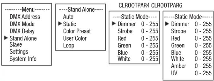 ----Menu---- DMX Address DMX Mode DMX Delay ► Stand Alone Slave Settings System Info ----Stand Alone---- Auto ► Static Color Preset User Color Loop CLROOTPAR4 CLROOTPAR6 ----Static Mode---- ► Dimmer 0 - 255 Strobe 0 - 255 Red 0 - 255 Green 0 - 255 Blue 0 - 255 White 0 - 255 ----Static Mode---- ► Dimmer 0 - 255 Strobe 0 - 255 Red 0 - 255 Green 0 - 255 Blue 0 - 255 White 0 - 255 Amber 0 - 255 UV 0 - 255