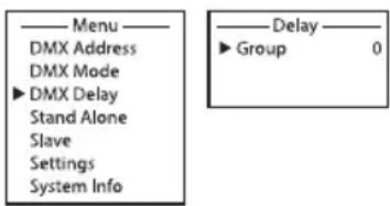 Menu DMX Address DMX Mode DMX Delay Stand Alone Slave Settings System Info Delay ► Group 0