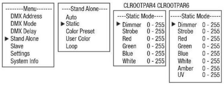 ----Menu---- DMX Address DMX Mode DMX Delay ► Stand Alone Slave Settings System Info ----Stand Alone---- Auto ► Static Color Preset User Color Loop CLROOTPAR4 CLROOTPAR6 ----Static Mode---- ► Dimmer 0 - 255 Strobe 0 - 255 Red 0 - 255 Green 0 - 255 Blue 0 - 255 White 0 - 255 ----Static Mode---- ► Dimmer 0 - 255 Strobe 0 - 255 Red 0 - 255 Green 0 - 255 Blue 0 - 255 White 0 - 255 Amber 0 - 255 UV 0 - 255