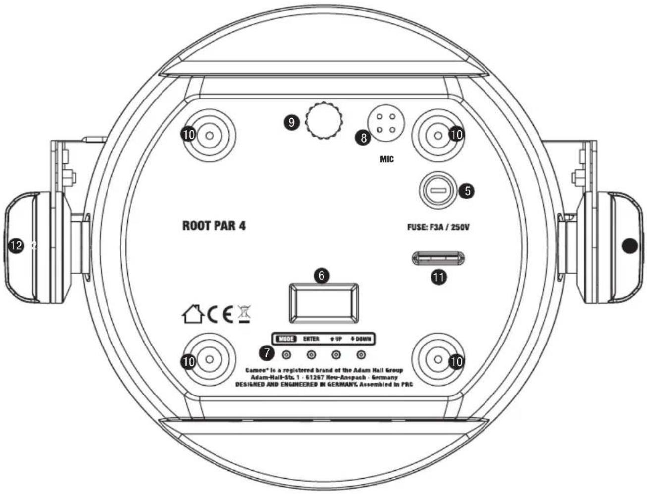 ROOT PAR 4 MIC FUSE: F3A / 250V 6 MODE ENTER + UP + DOWN 10 12 10 9 8 10 11 7 10 Camera® is a registered brand of the Adam Hall Group Adam-Hall-50s, 1 · 61267 New-Anspach · Germany DESIGNED AND ENGINEERED IN GERMANY Assembled IN PRC