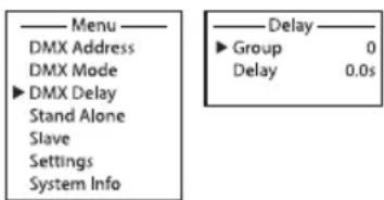 —— Menu ——— DMX Address DMX Mode ►DMX Delay Stand Alone Slave Settings System Info —— Delay ——— ► Group 0 Delay 0.0s