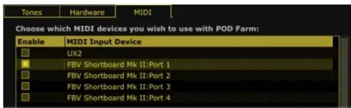 LINE 6 FBV Express MKII - Application autonome POD Farm 2 - Configuration des entrées MIDI - 1