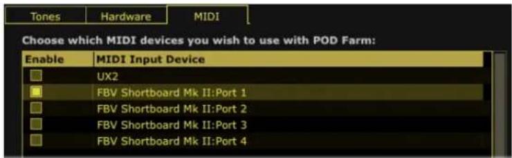LINE 6 FBV Express MKII - Application autonome POD Farm 2 - Configuration des entrées MIDI - 2
