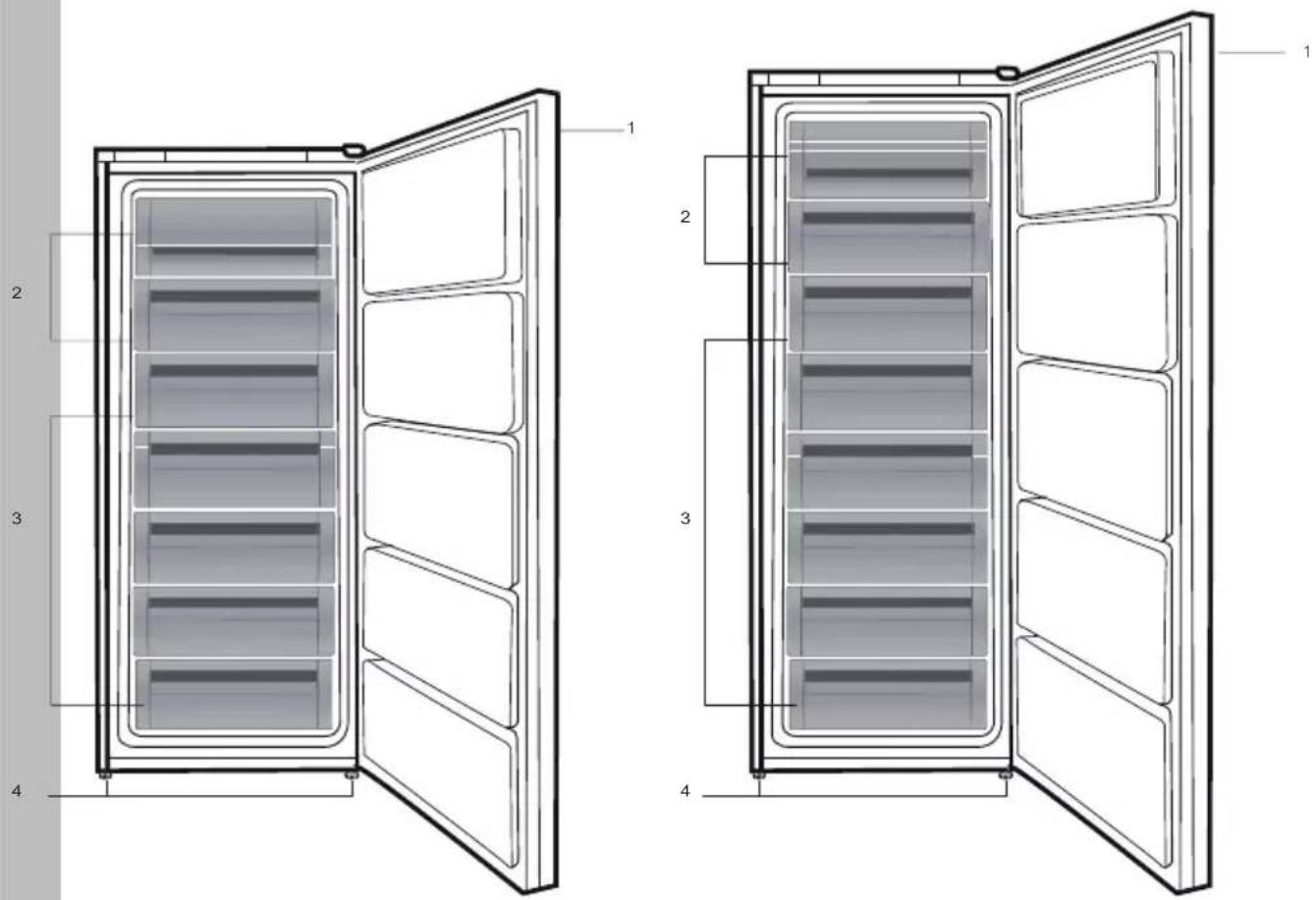 Technical diagram of a refrigerator with labeled open doors and internal compartments, showing numbered components.