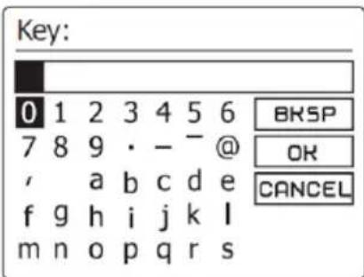 Key: 0 1 2 3 4 5 6 7 8 9 · - @ , a b c d e f g h i j k l m n o p q r s BRSP OK CANCEL