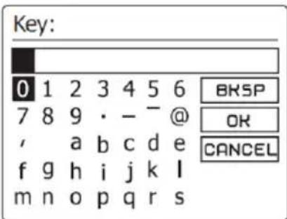 Key: 0 1 2 3 4 5 6 7 8 9 · - @ , a b c d e f g h i j k l m n o p q r s BRSP OK CANCEL