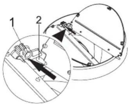 Technical diagram showing mechanical assembly with labeled parts 1 and 2, including a magnified inset view.