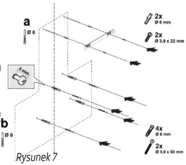 a Ø 6 2x Ø 6 mm 2x Ø 3,9 x 22 mm 5 mm b Ø 8 4x Ø 8 mm 2x Ø 4,9 x 50 mm Rysunek 7