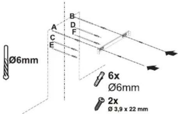 Ø6mm A B D C E F 6x Ø6mm 2x Ø 3,9 x 22 mm